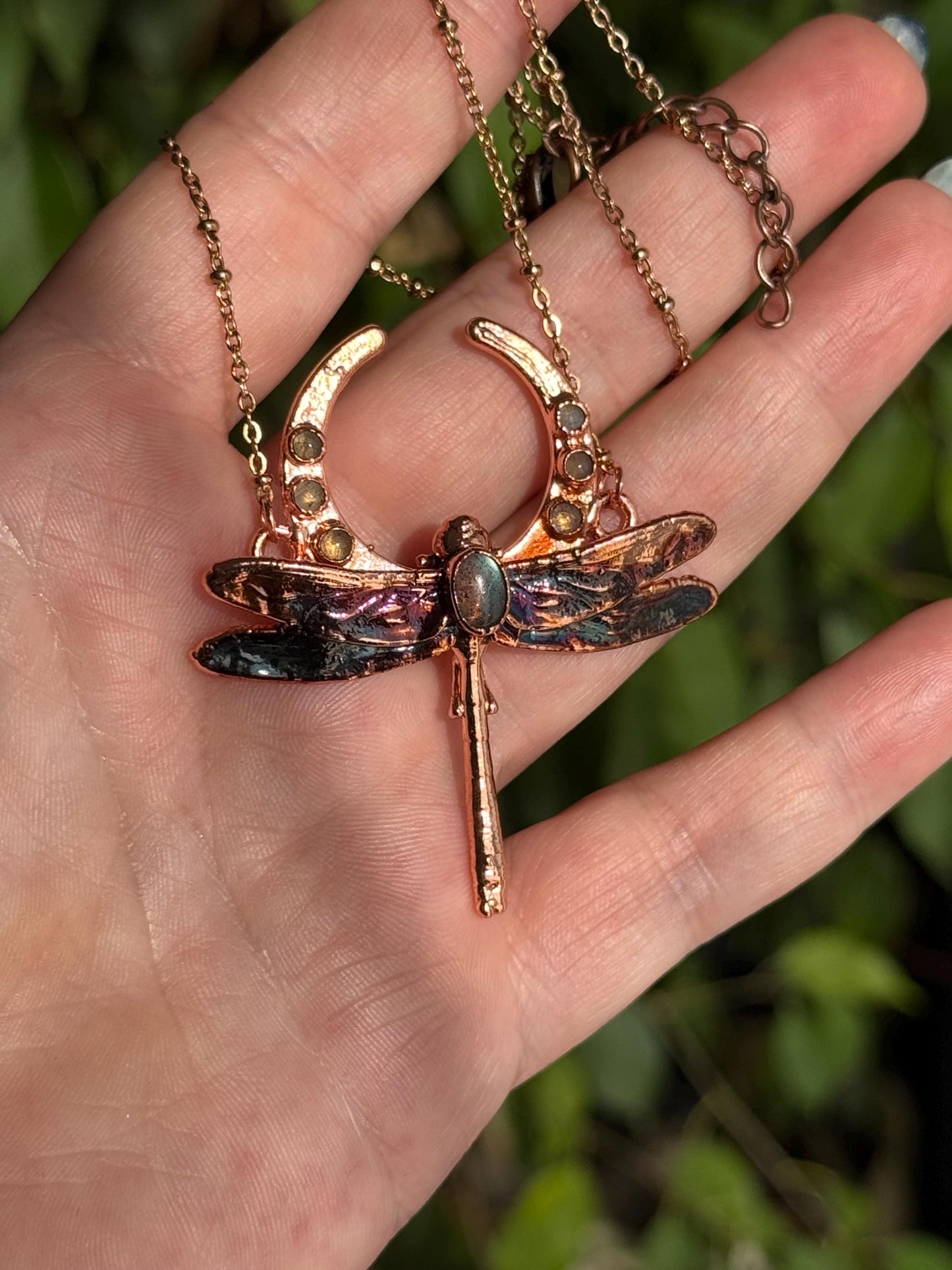 Eformed tiny dragonfly with labradorites, 3d printed insect eformed in bright copper witchy unique necklace