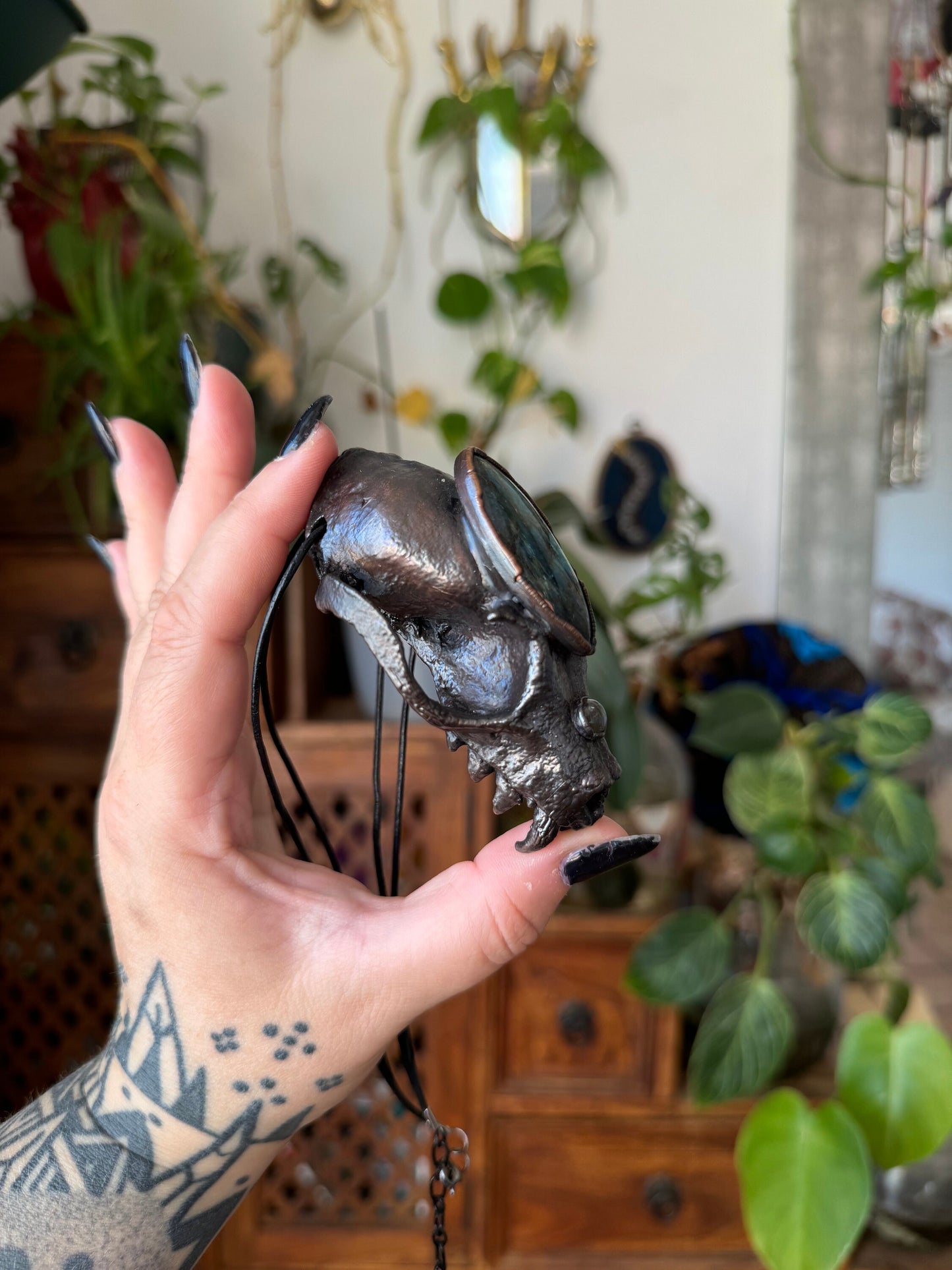 Copper eformed resin bat skull with a huge labradorite third eye, gunblack finish, statement big necklace on two black leather cords