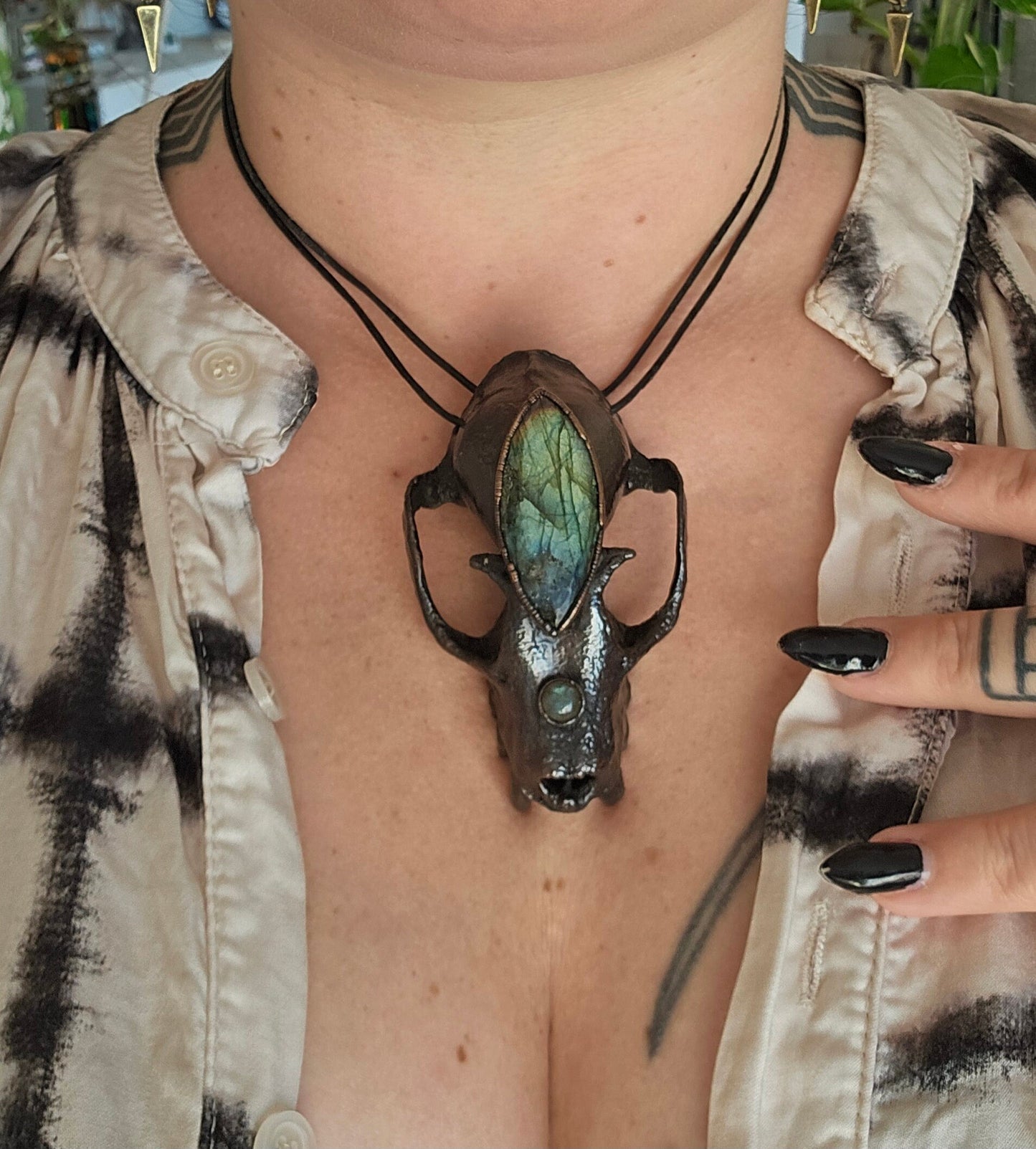 Copper eformed resin bat skull with a huge labradorite third eye, gunblack finish, statement big necklace on two black leather cords