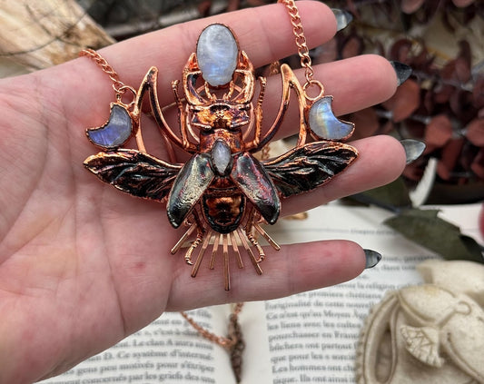 Eformed resin stag beetle with gorgeous rainbow moonstones