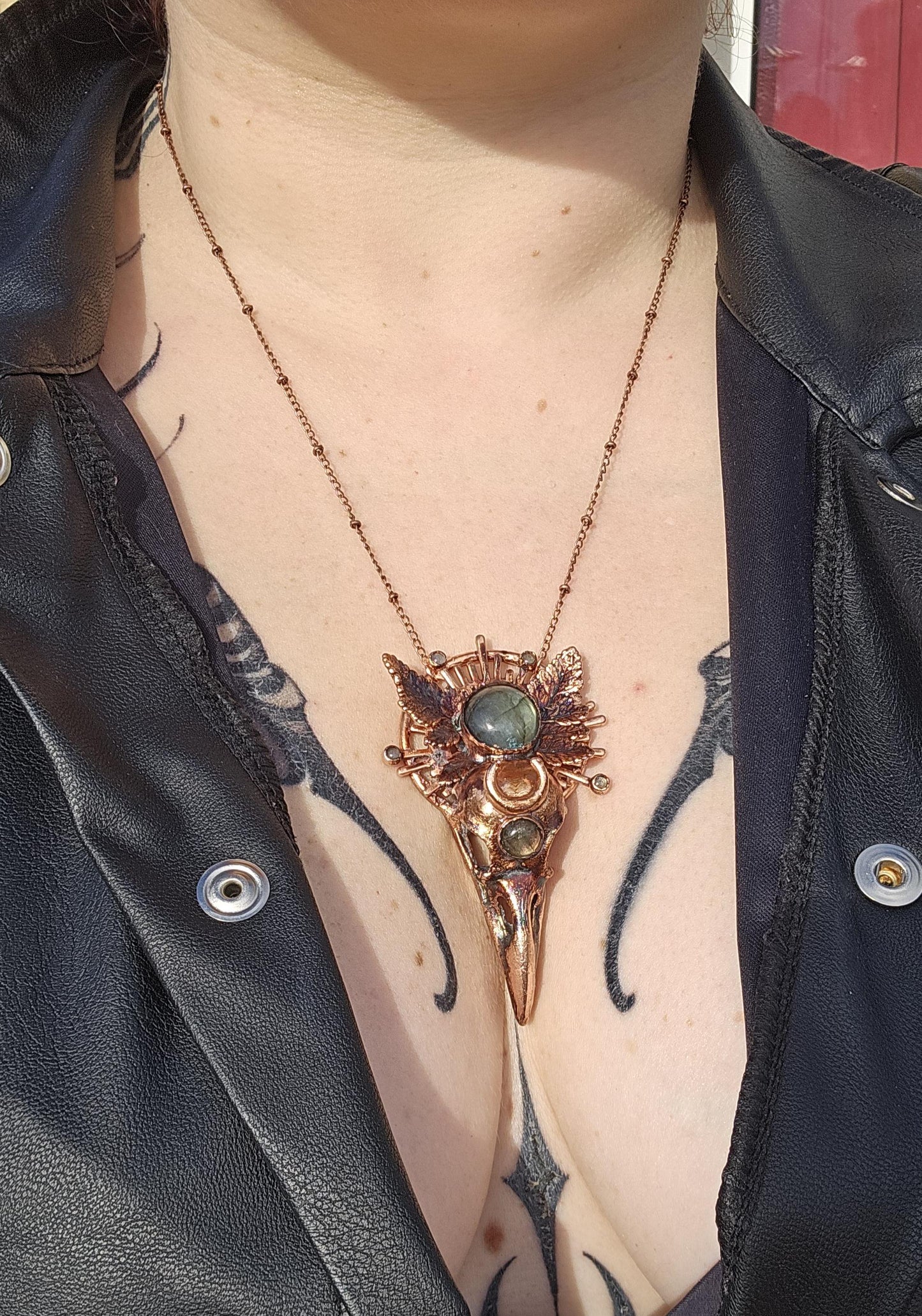 Copper eformed resin raven skull with real eformed fern and gorgeous labradorites