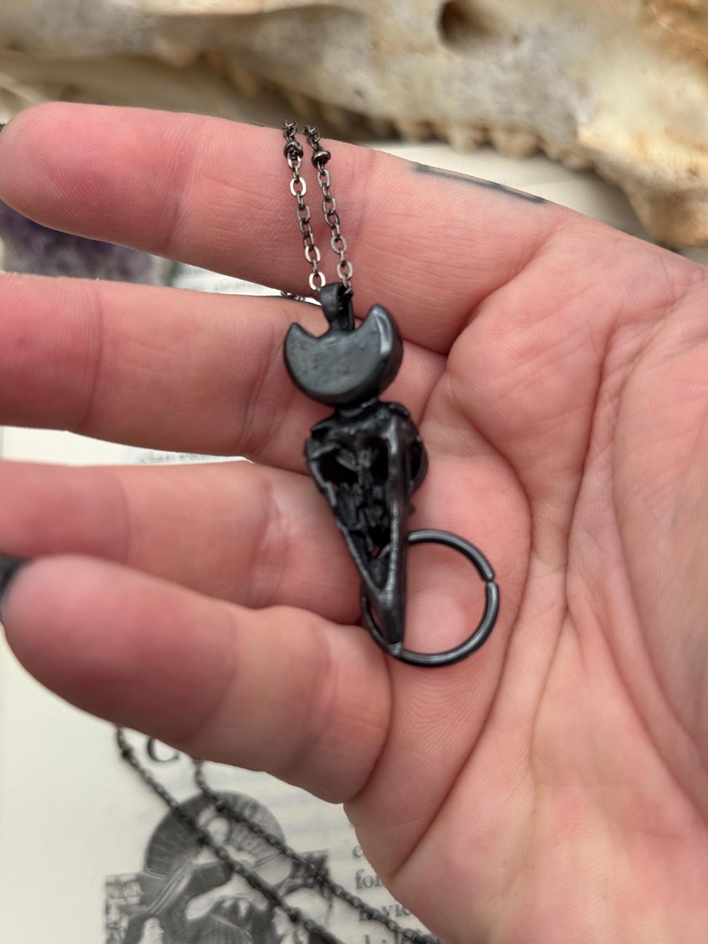 Goth Copper eformed 3d printed raven skull gunblack finish with moonstones, resin vegan skull on a short chain