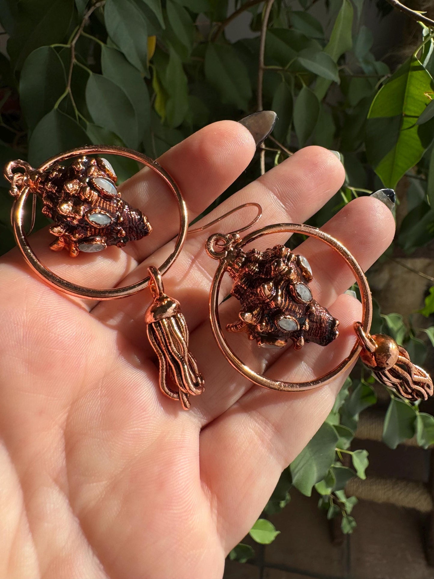 Mermaid earrings with real copper eformed seashells adorned win rainbow moonstones with colorful patina on rose gold plated silver hooks