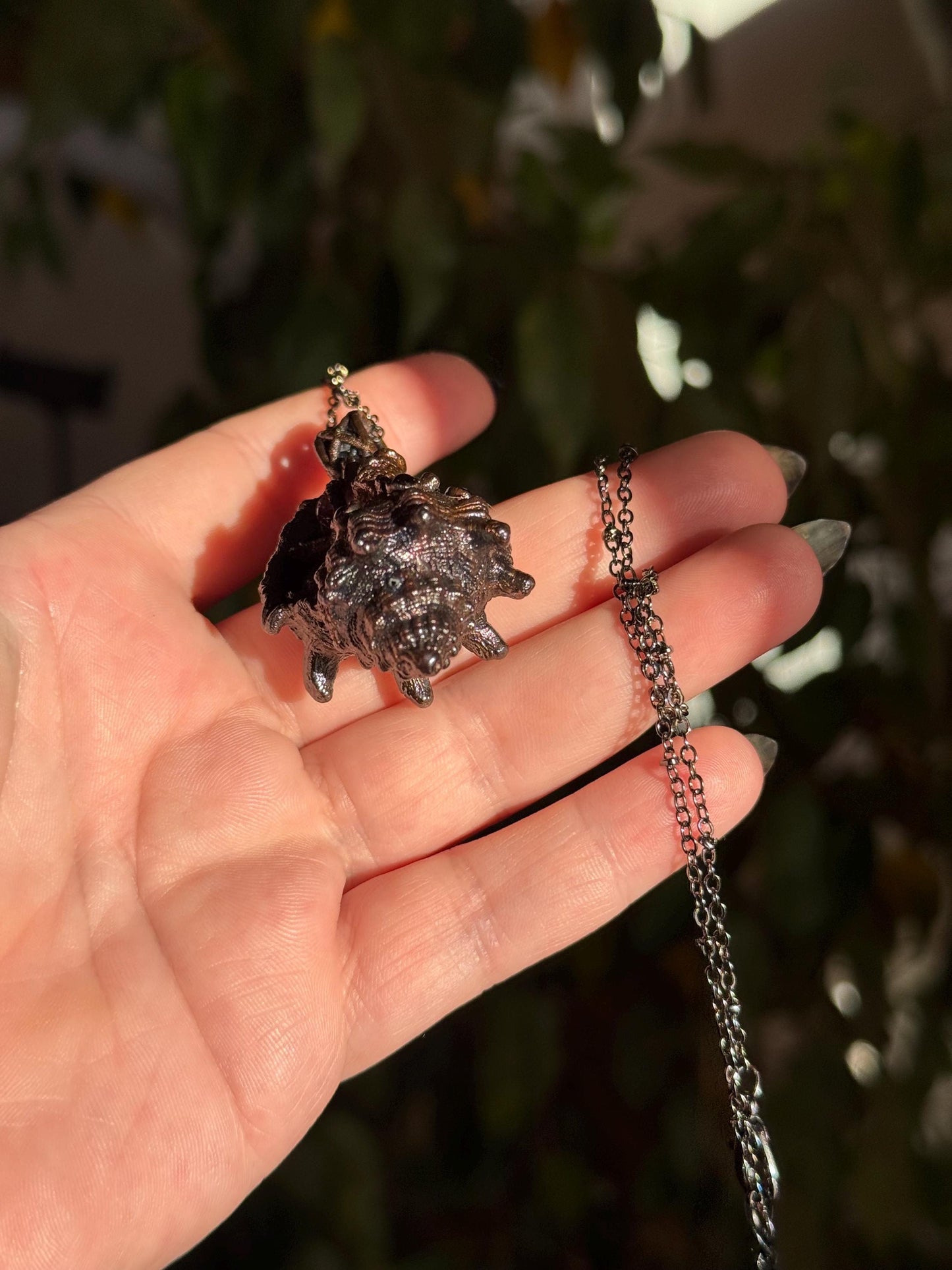 Copper eformed real seashell with amethysts, reversible necklace on a satellite chain