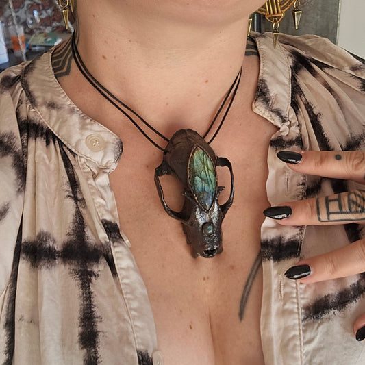 Copper eformed resin bat skull with a huge labradorite third eye, gunblack finish, statement big necklace on two black leather cords