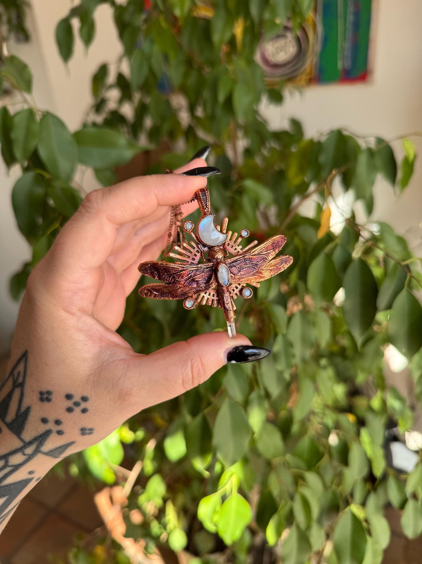 Eformed dragonfly with rainbow moonstones and a quartz point, 3d printed  insect eformed in copper witchy unique necklace