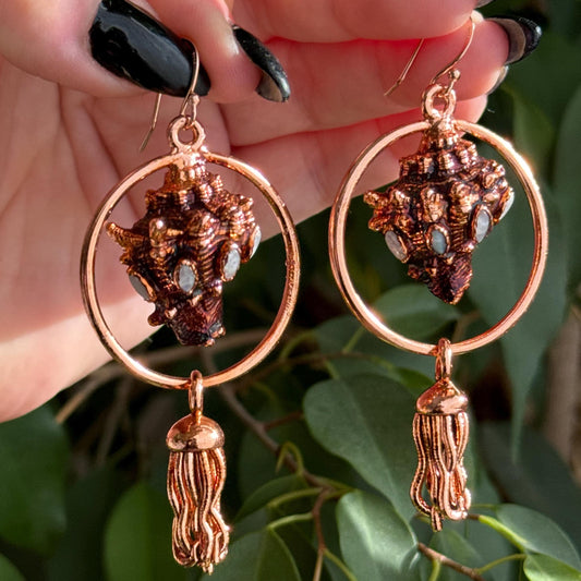Mermaid earrings with real copper eformed seashells adorned win rainbow moonstones with colorful patina on rose gold plated silver hooks