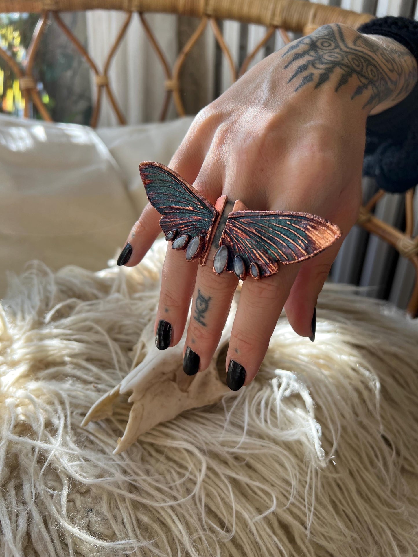 Butterfly oversized ring with moonstones, size 7.25 US/uk O, copper eformed with colorful patina
