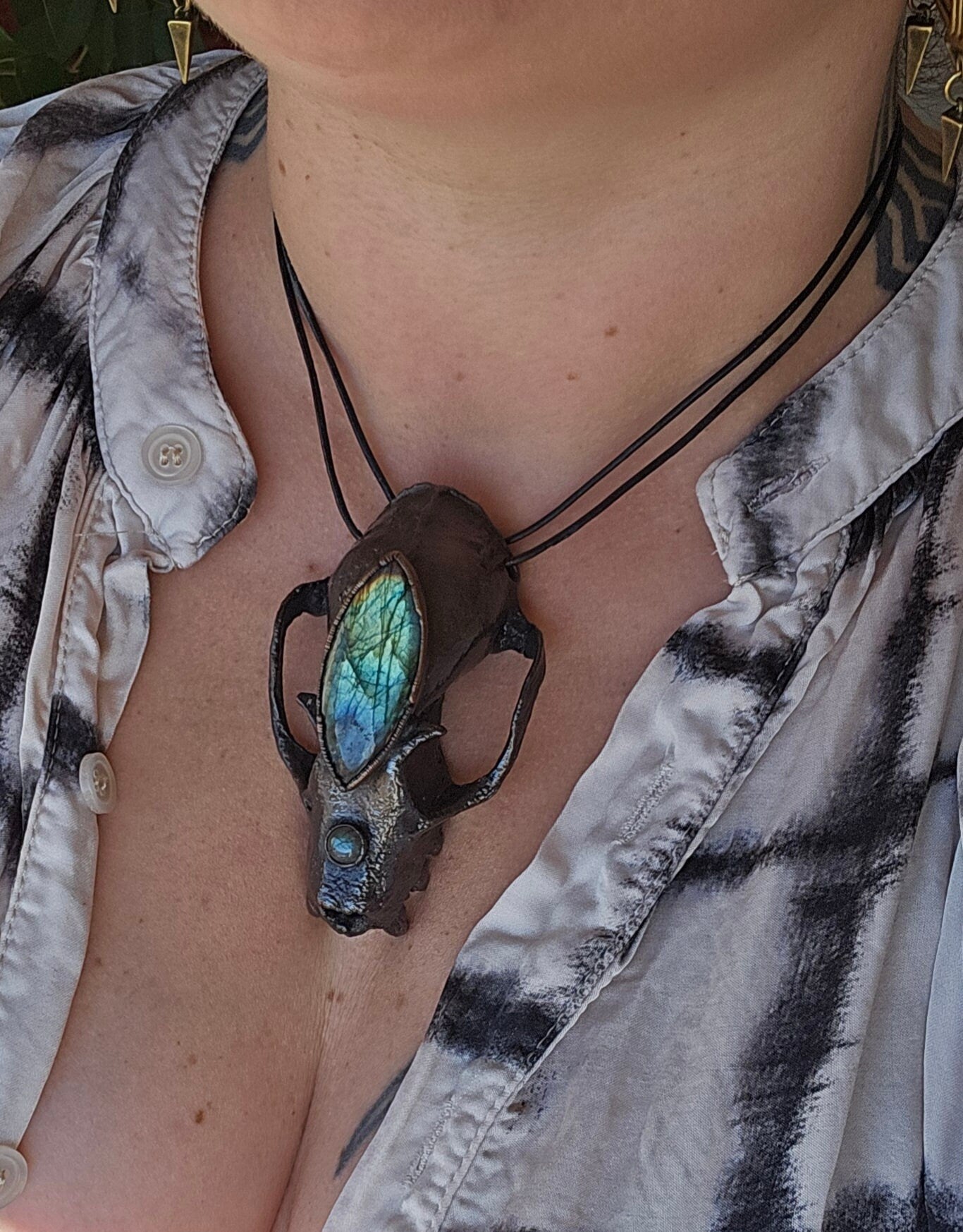 Copper eformed resin bat skull with a huge labradorite third eye, gunblack finish, statement big necklace on two black leather cords