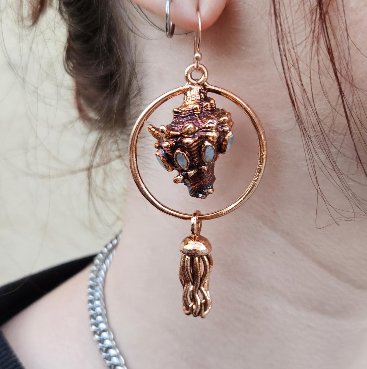 Mermaid earrings with real copper eformed seashells adorned win rainbow moonstones with colorful patina on rose gold plated silver hooks