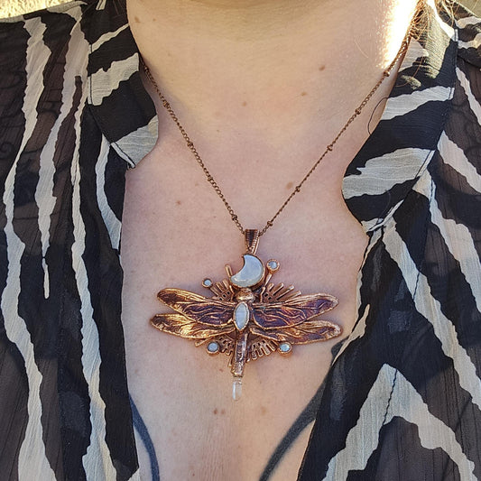 Eformed dragonfly with rainbow moonstones and a quartz point, 3d printed  insect eformed in copper witchy unique necklace