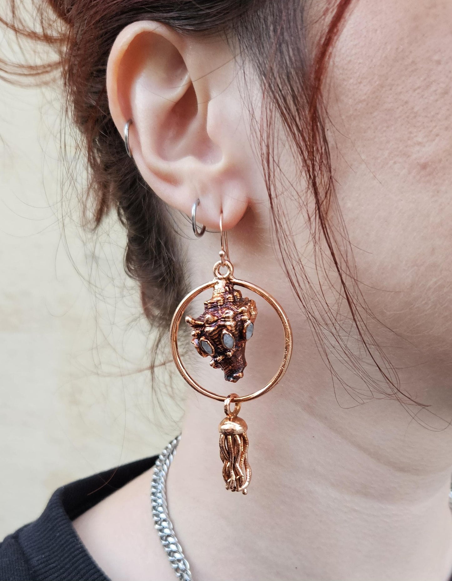 Mermaid earrings with real copper eformed seashells adorned win rainbow moonstones with colorful patina on rose gold plated silver hooks