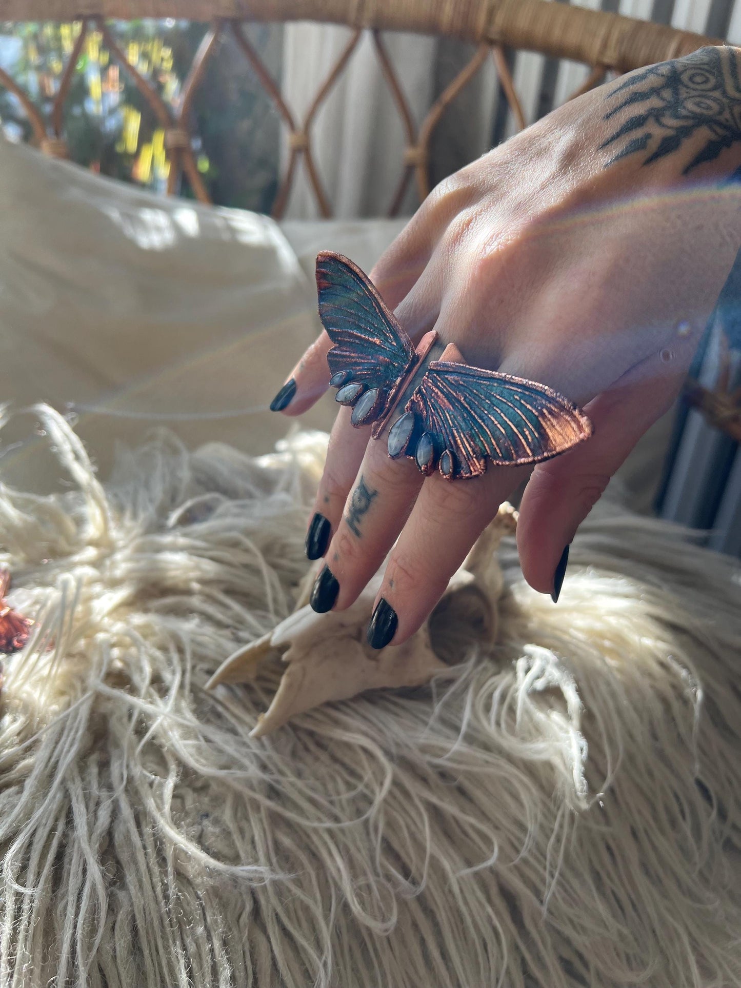 Butterfly oversized ring with moonstones, size 7.25 US/uk O, copper eformed with colorful patina