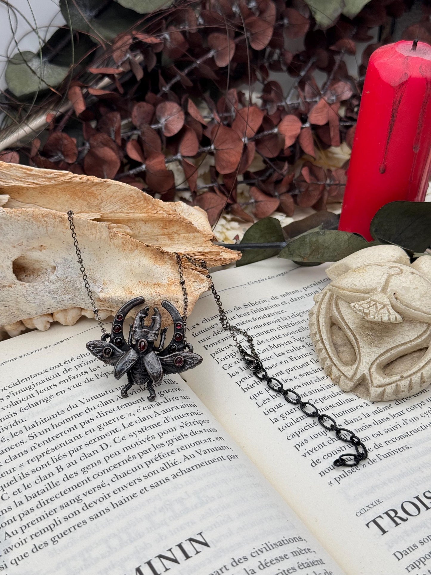 Small stag beetle with garnest on a moon frame, copper eformed necklace, unique piece Egyptian inspired with a dark finish