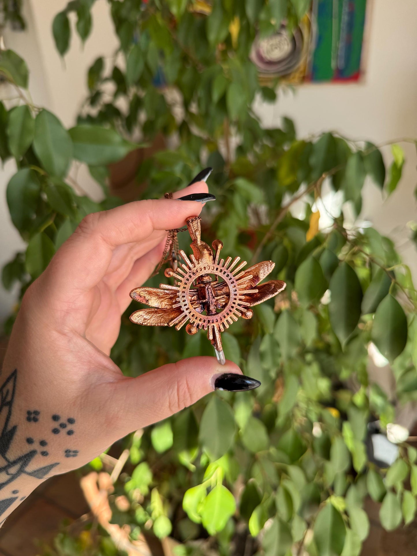 Eformed dragonfly with rainbow moonstones and a quartz point, 3d printed  insect eformed in copper witchy unique necklace