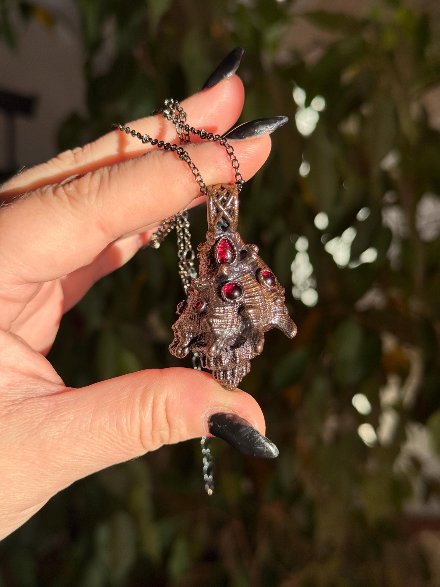 Copper eformed real seashell with amethysts, reversible necklace on a satellite chain
