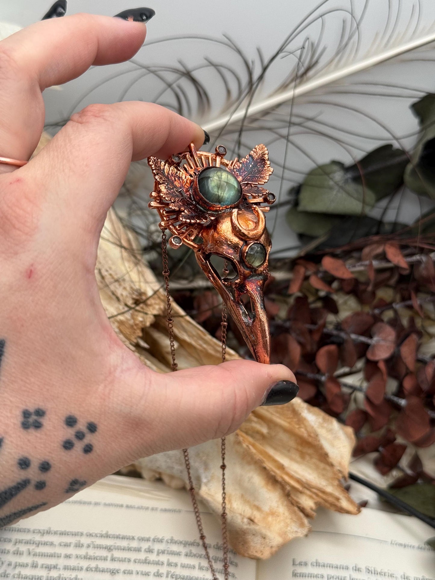 Copper eformed resin raven skull with real eformed fern and gorgeous labradorites