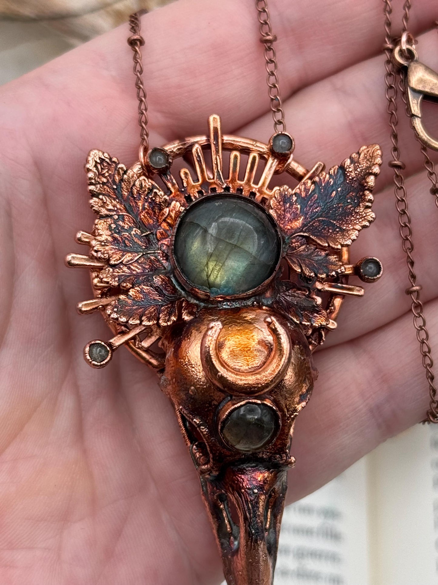 Copper eformed resin raven skull with real eformed fern and gorgeous labradorites