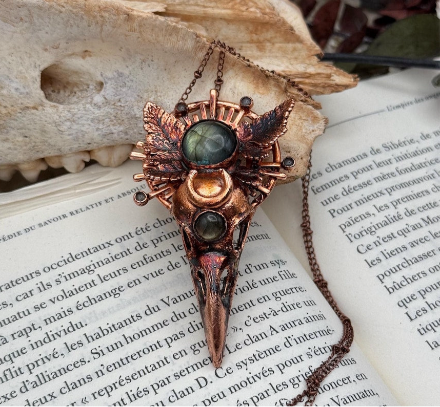 Copper eformed resin raven skull with real eformed fern and gorgeous labradorites