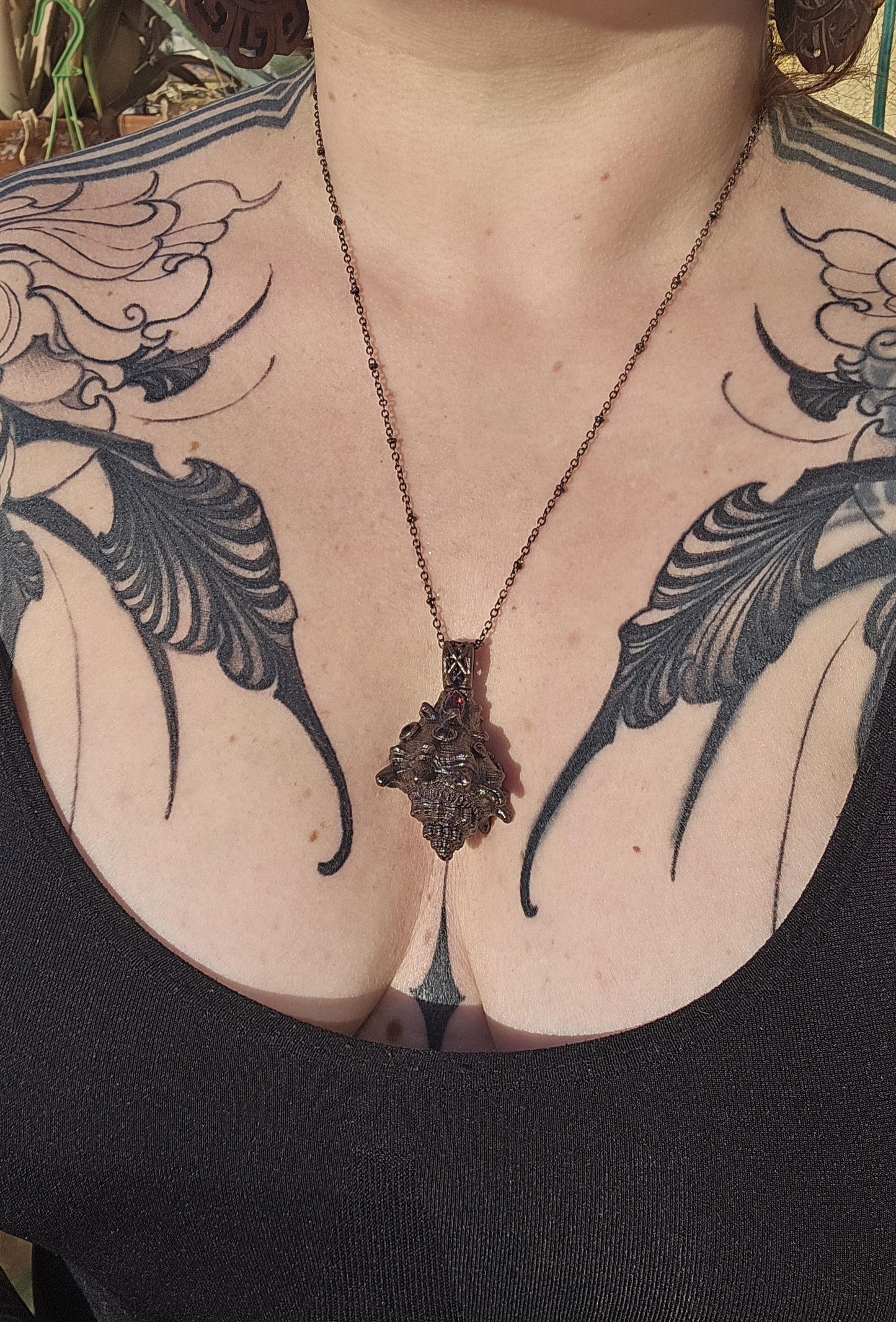 Copper eformed real seashell with amethysts, reversible necklace on a satellite chain