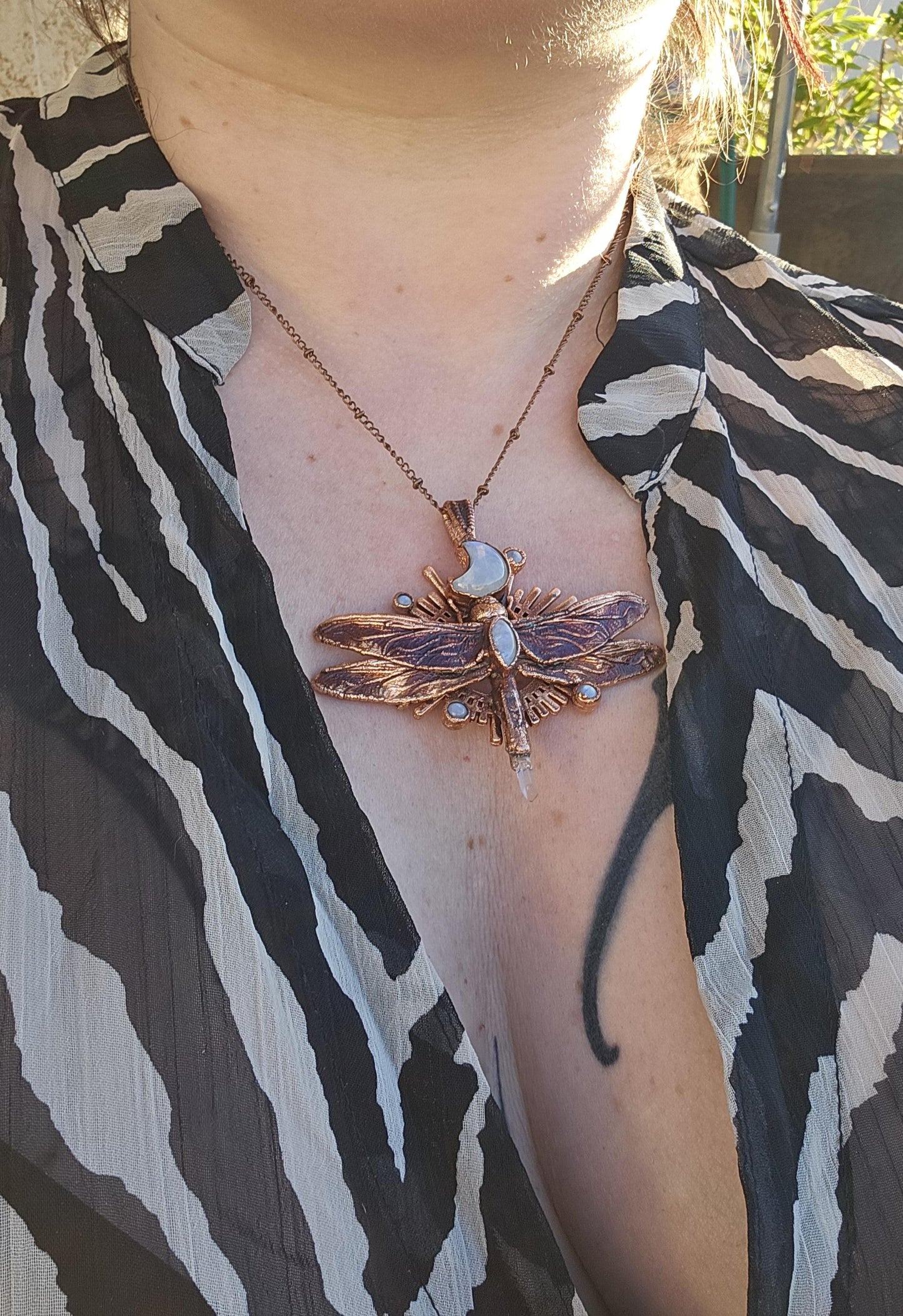 Eformed dragonfly with rainbow moonstones and a quartz point, 3d printed  insect eformed in copper witchy unique necklace