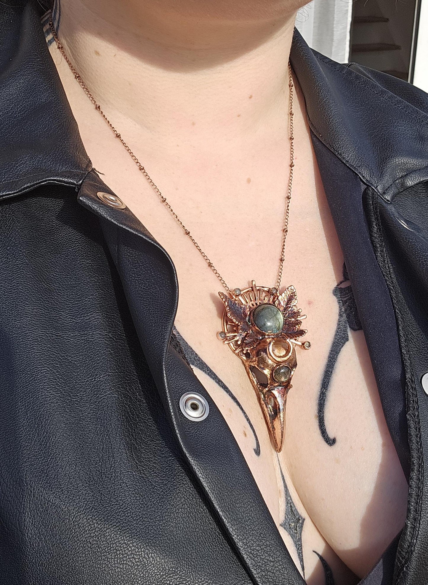 Copper eformed resin raven skull with real eformed fern and gorgeous labradorites