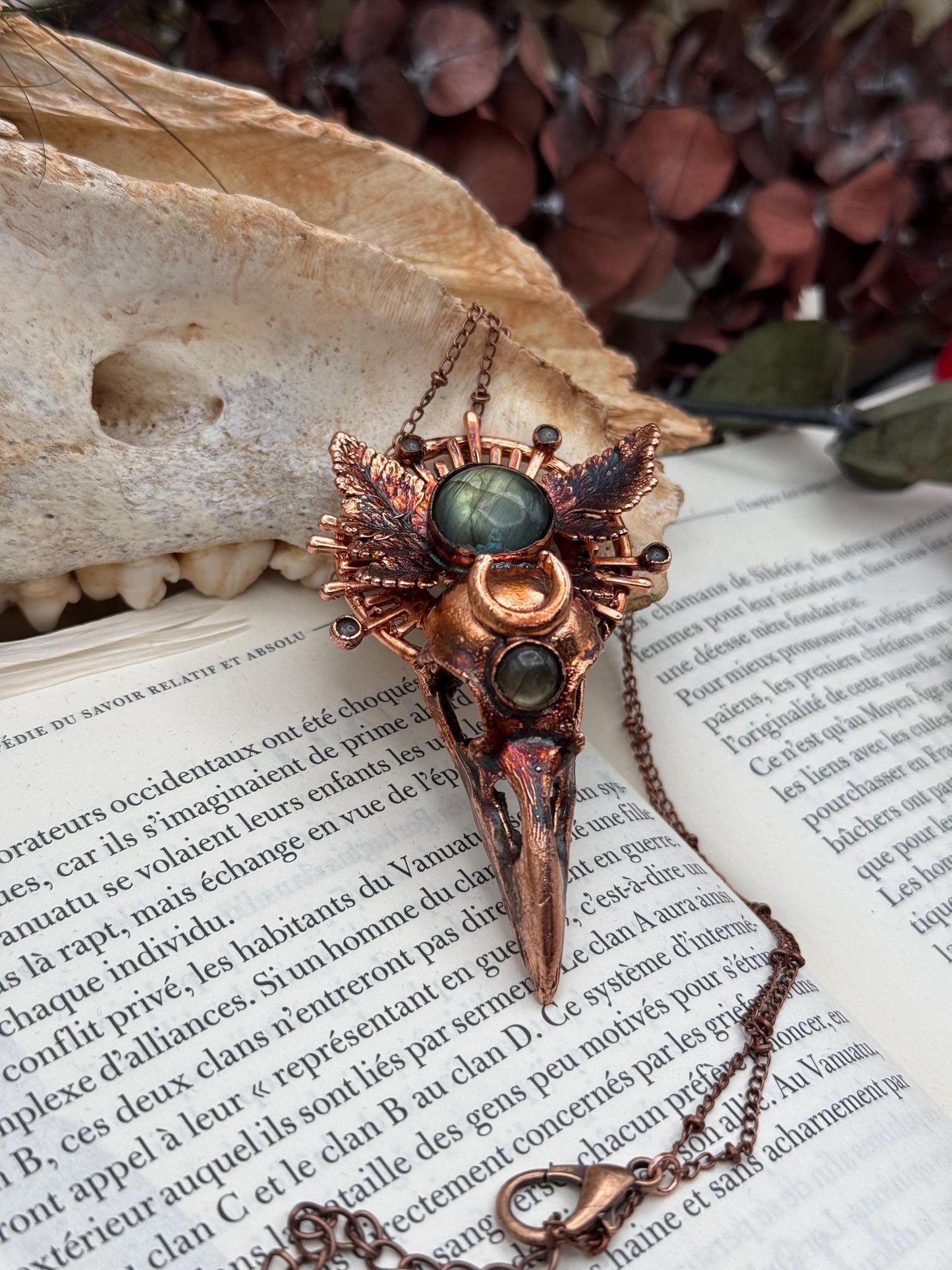 Copper eformed resin raven skull with real eformed fern and gorgeous labradorites