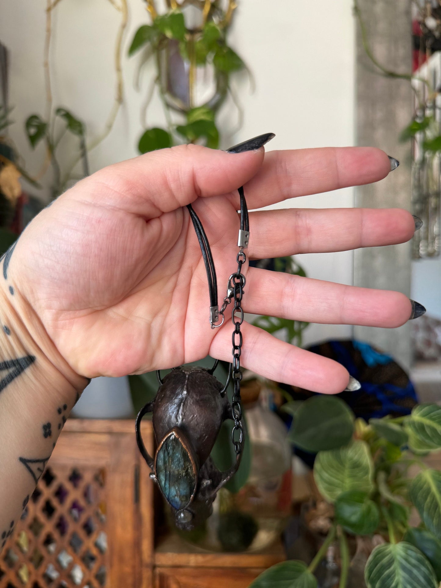 Copper eformed resin bat skull with a huge labradorite third eye, gunblack finish, statement big necklace on two black leather cords