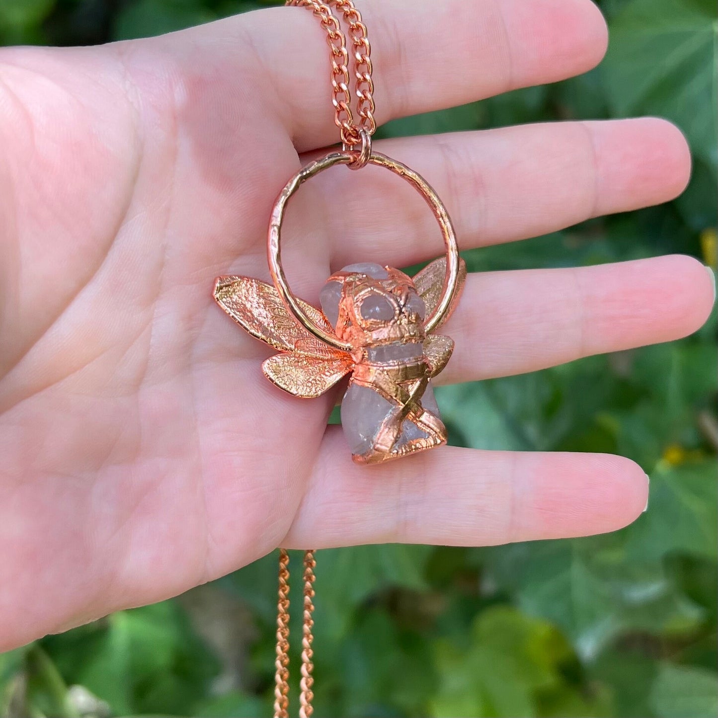 Carved quartz with cicada eformed wings, naughty fairy,  delicate necklace on a shiny medium chain