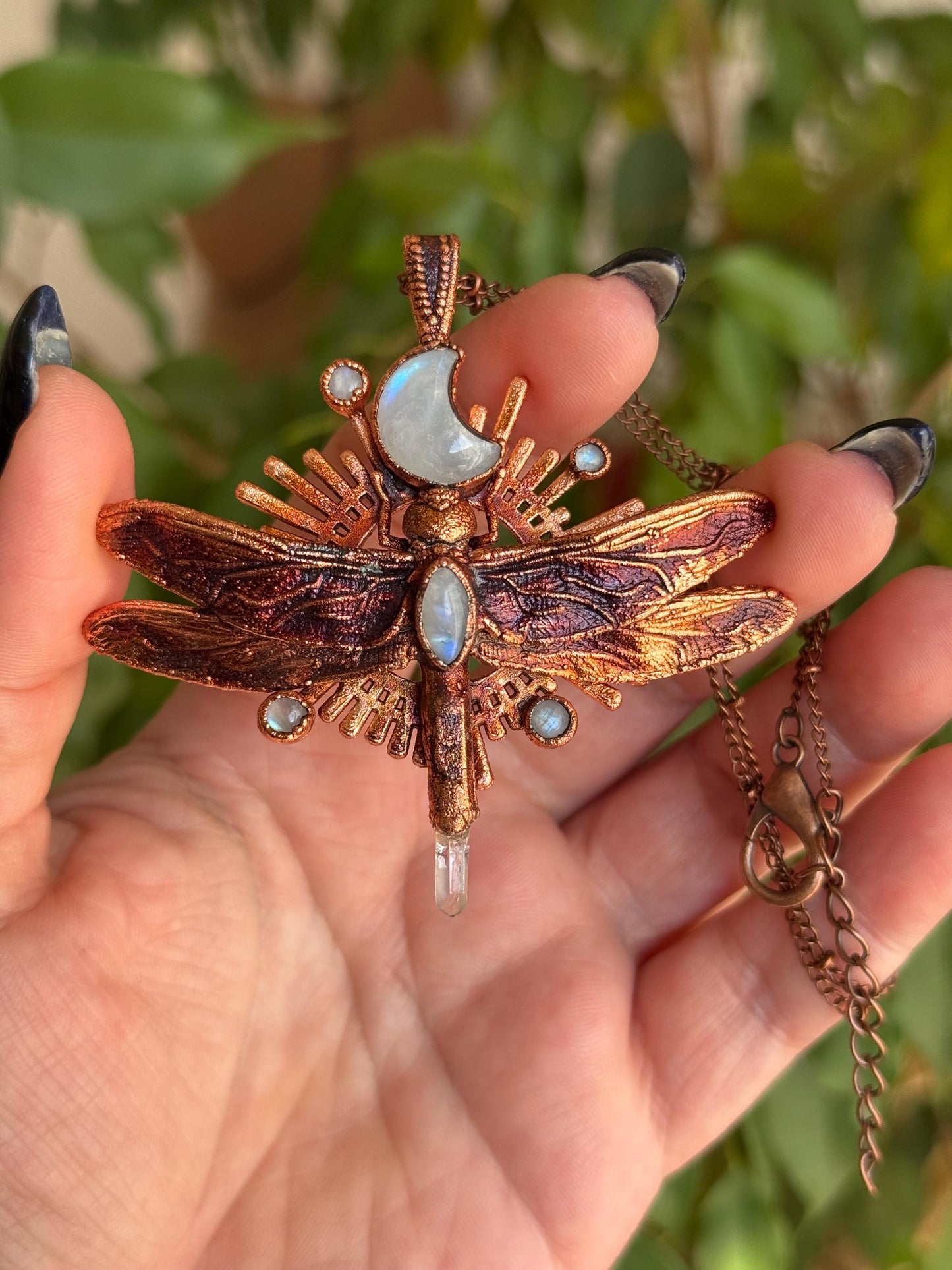 Eformed dragonfly with rainbow moonstones and a quartz point, 3d printed  insect eformed in copper witchy unique necklace