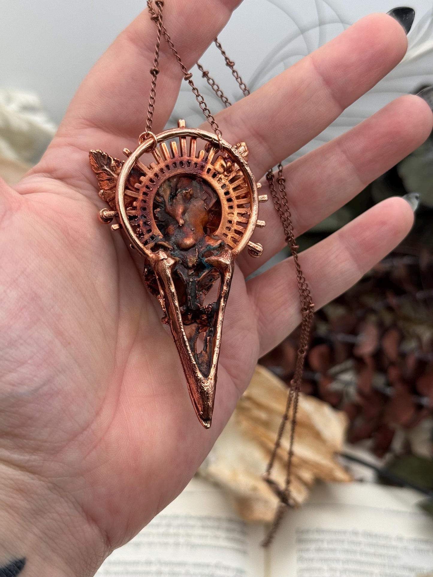Copper eformed resin raven skull with real eformed fern and gorgeous labradorites