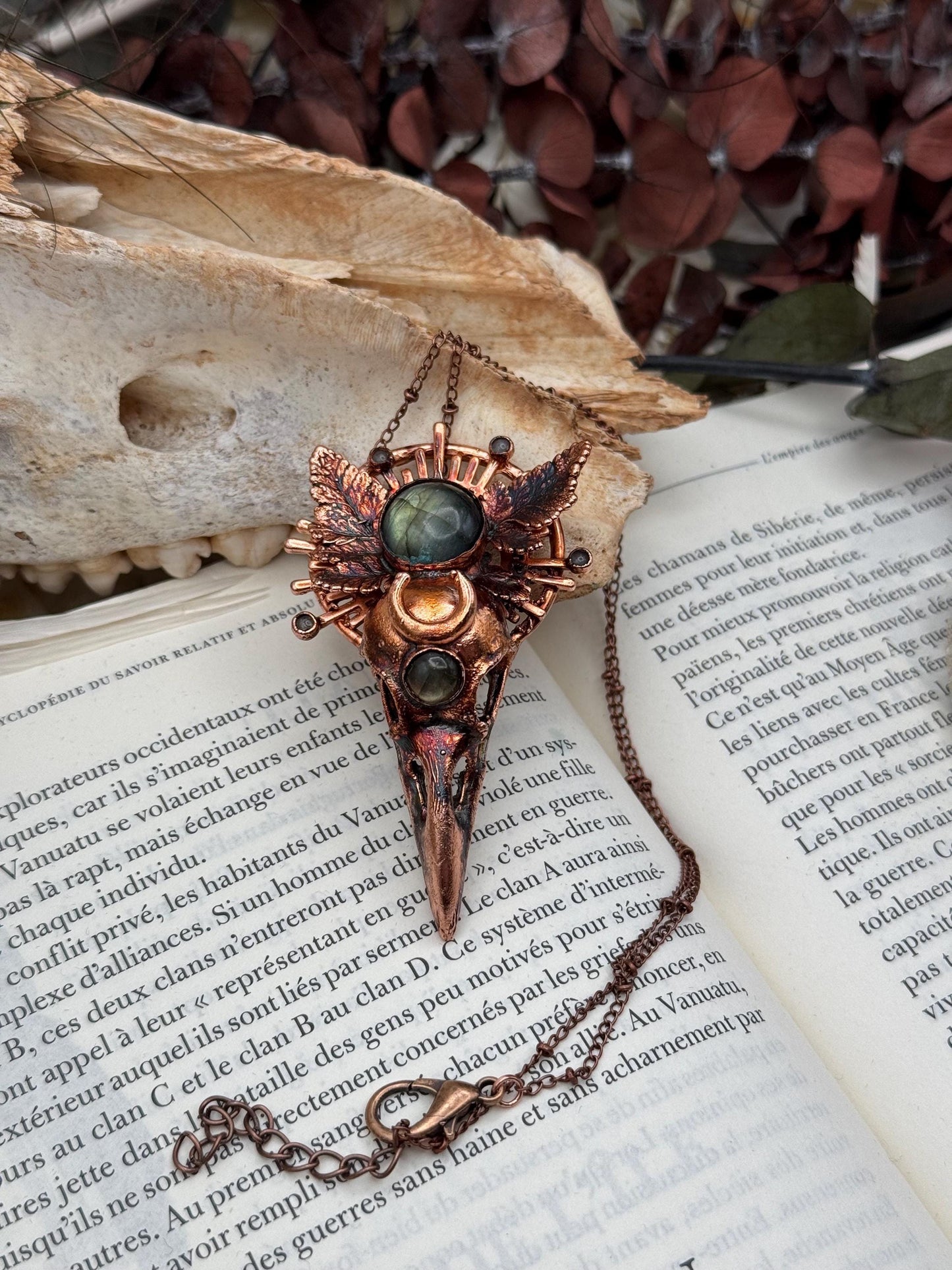 Copper eformed resin raven skull with real eformed fern and gorgeous labradorites