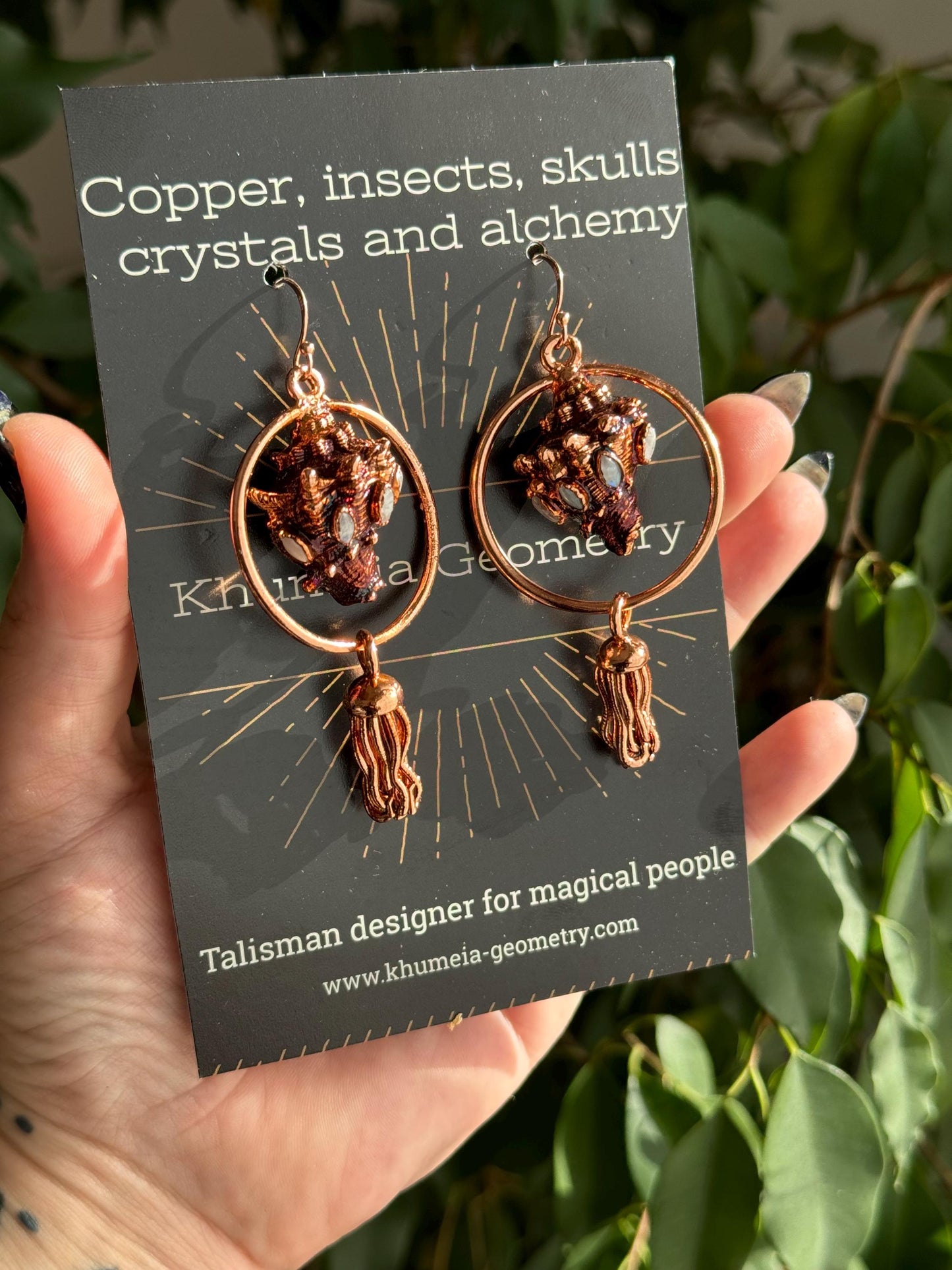 Mermaid earrings with real copper eformed seashells adorned win rainbow moonstones with colorful patina on rose gold plated silver hooks