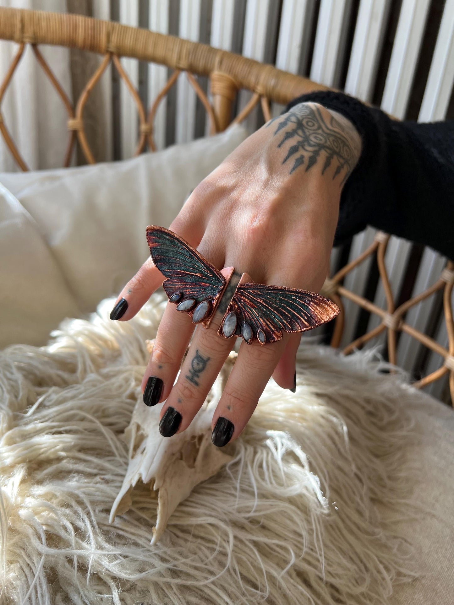 Butterfly oversized ring with moonstones, size 7.25 US/uk O, copper eformed with colorful patina