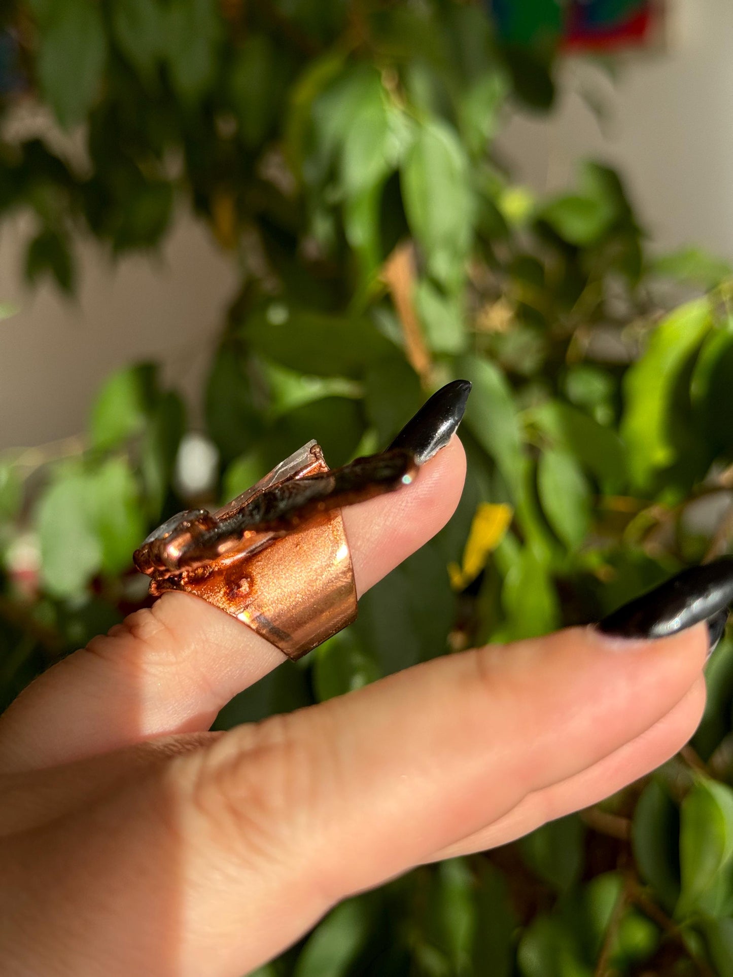 Butterfly ring with a quartz point and moonstones size 5.25 US/uk K, copper eformed with colorful patina