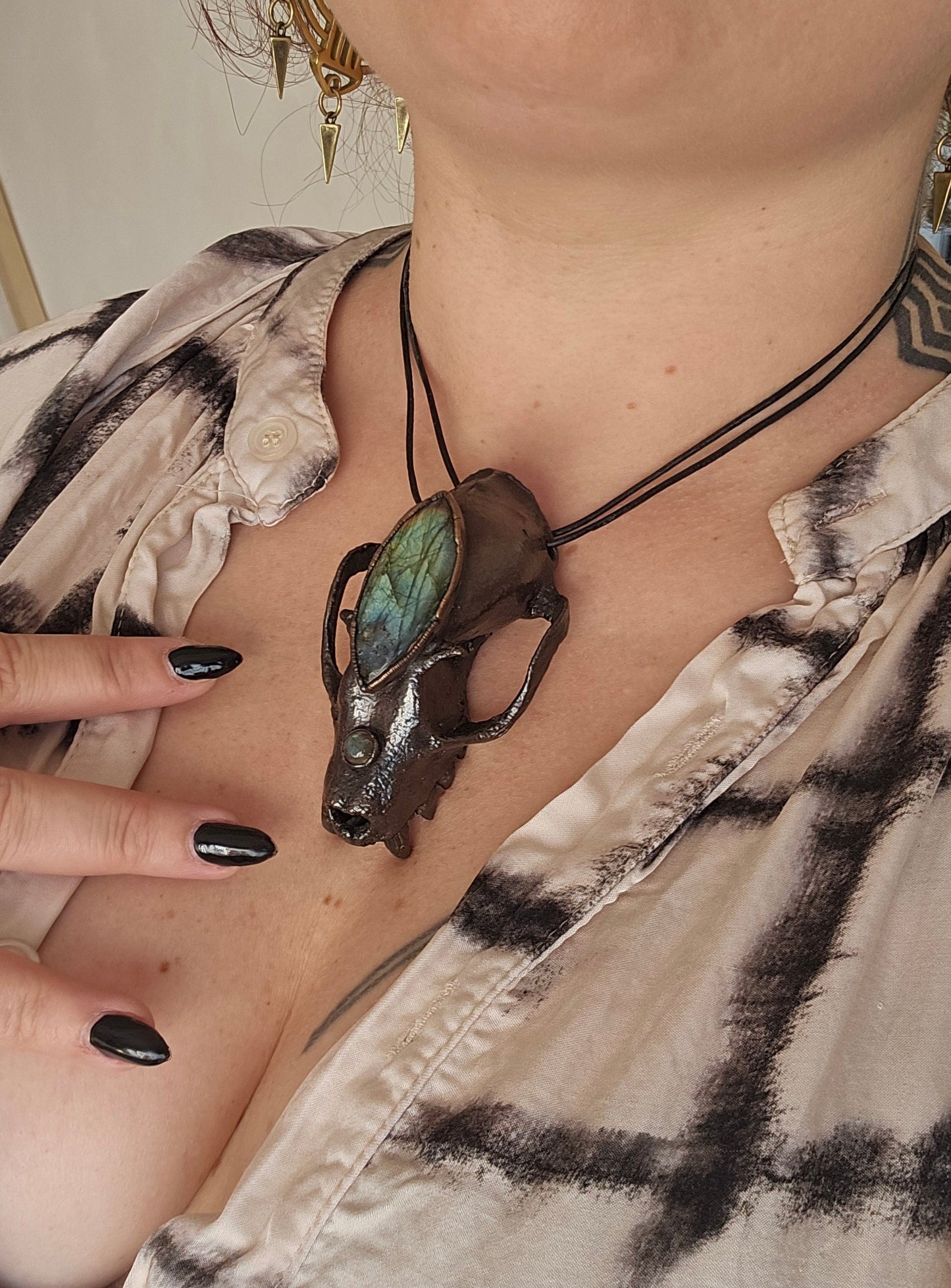 Copper eformed resin bat skull with a huge labradorite third eye, gunblack finish, statement big necklace on two black leather cords