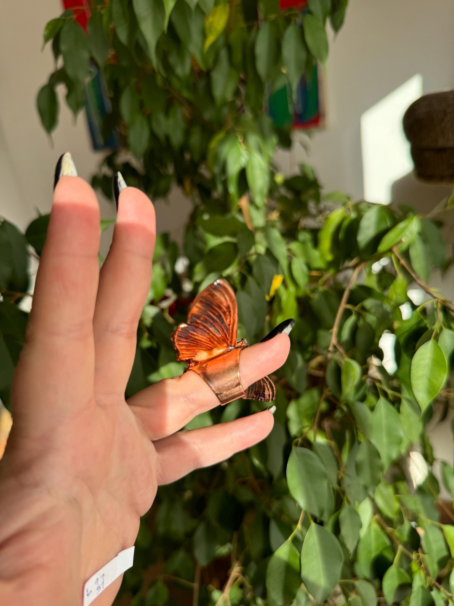 Butterfly ring with a quartz point and moonstones size 5.25 US/uk K, copper eformed with colorful patina