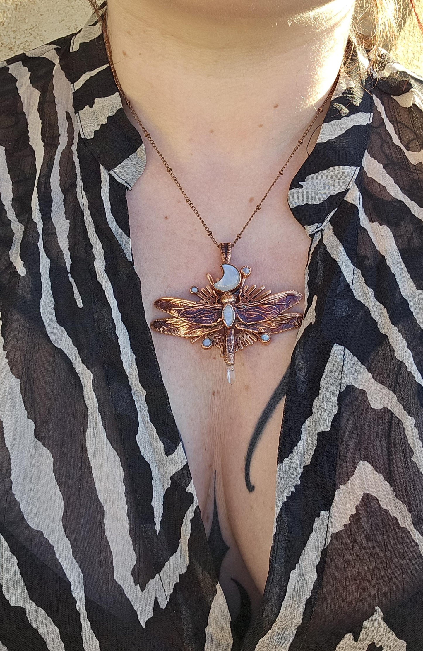 Eformed dragonfly with rainbow moonstones and a quartz point, 3d printed  insect eformed in copper witchy unique necklace