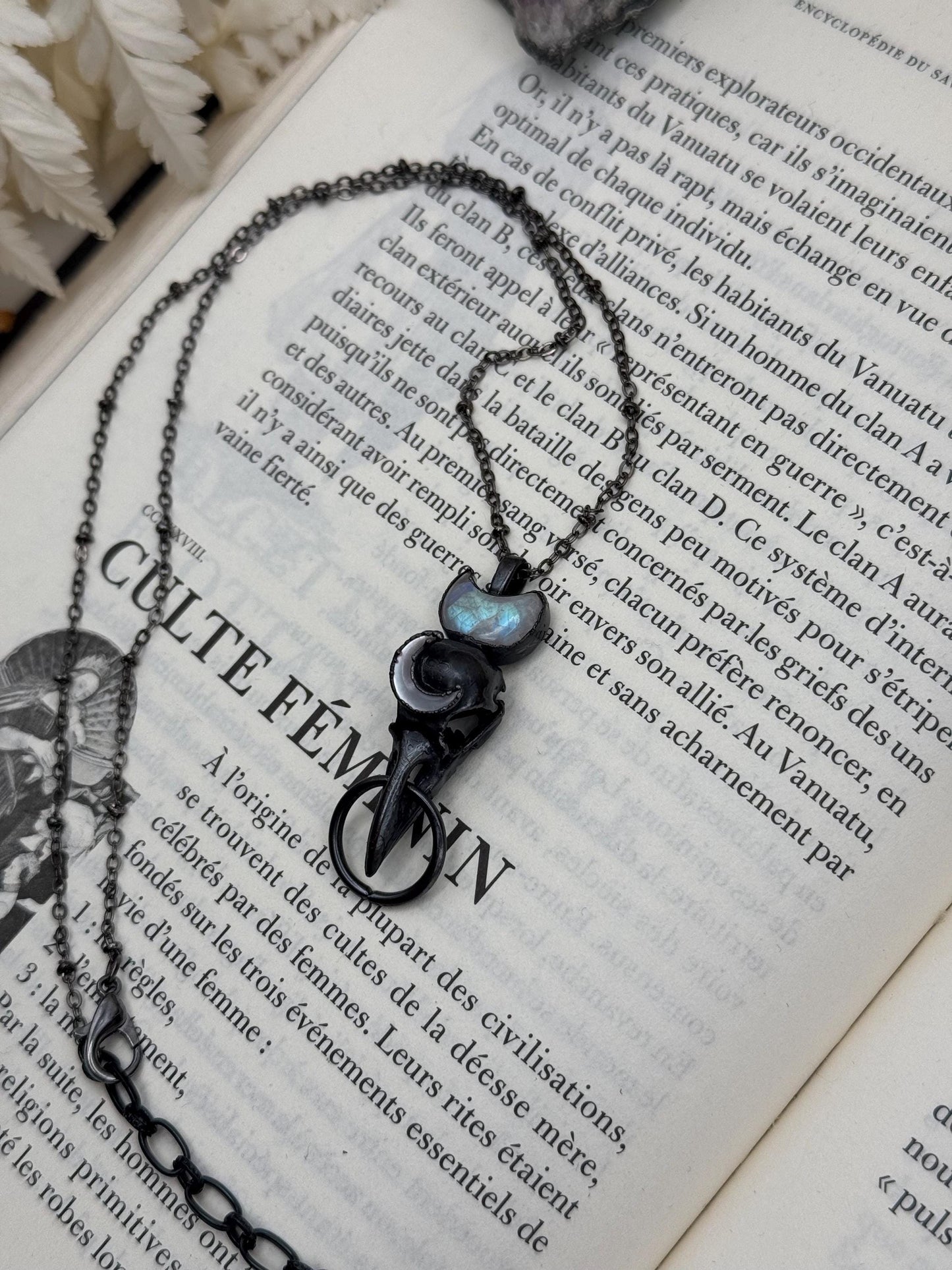 Goth Copper eformed 3d printed raven skull gunblack finish with moonstones, resin vegan skull on a short chain