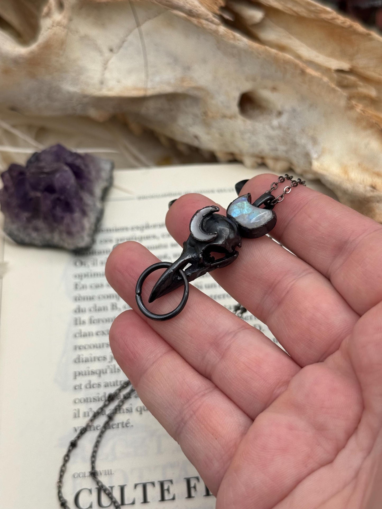 Goth Copper eformed 3d printed raven skull gunblack finish with moonstones, resin vegan skull on a short chain