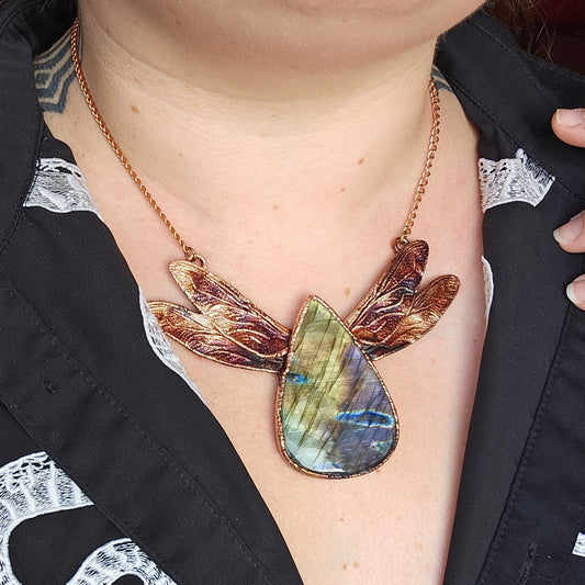 Eformed gigantic spectrolyte labradorite with 3d printed dragonfly wings, huge statement piece eformed in copper