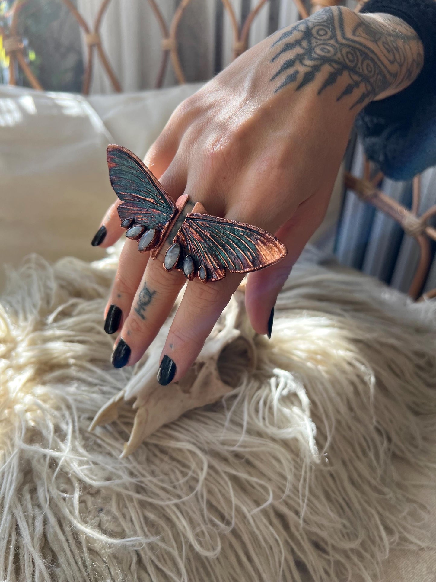 Butterfly oversized ring with moonstones, size 7.25 US/uk O, copper eformed with colorful patina