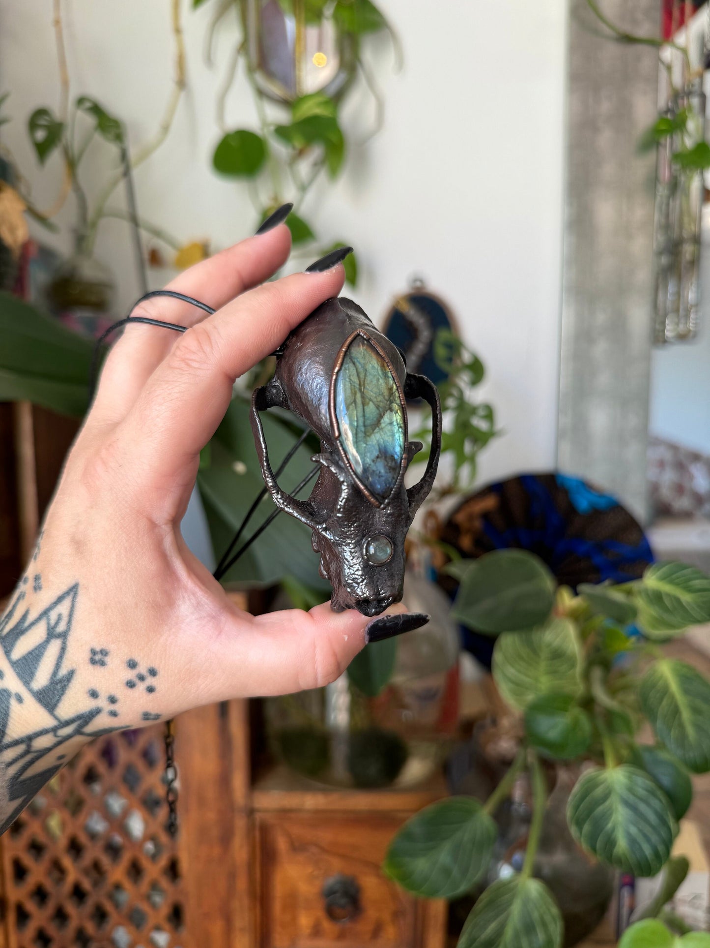 Copper eformed resin bat skull with a huge labradorite third eye, gunblack finish, statement big necklace on two black leather cords