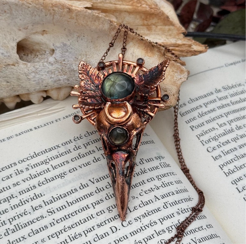 Copper eformed resin raven skull with real eformed fern and gorgeous labradorites