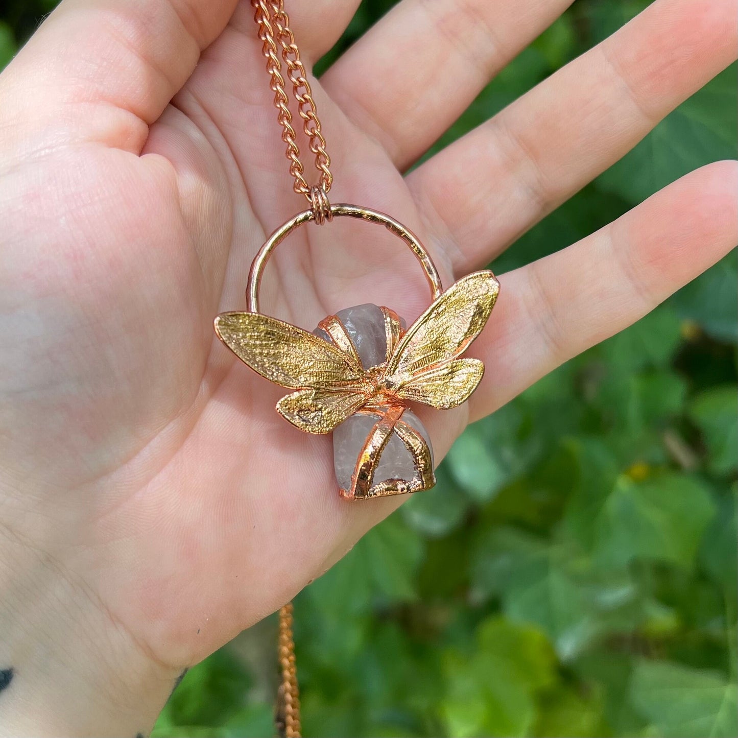 Carved quartz with cicada eformed wings, naughty fairy,  delicate necklace on a shiny medium chain