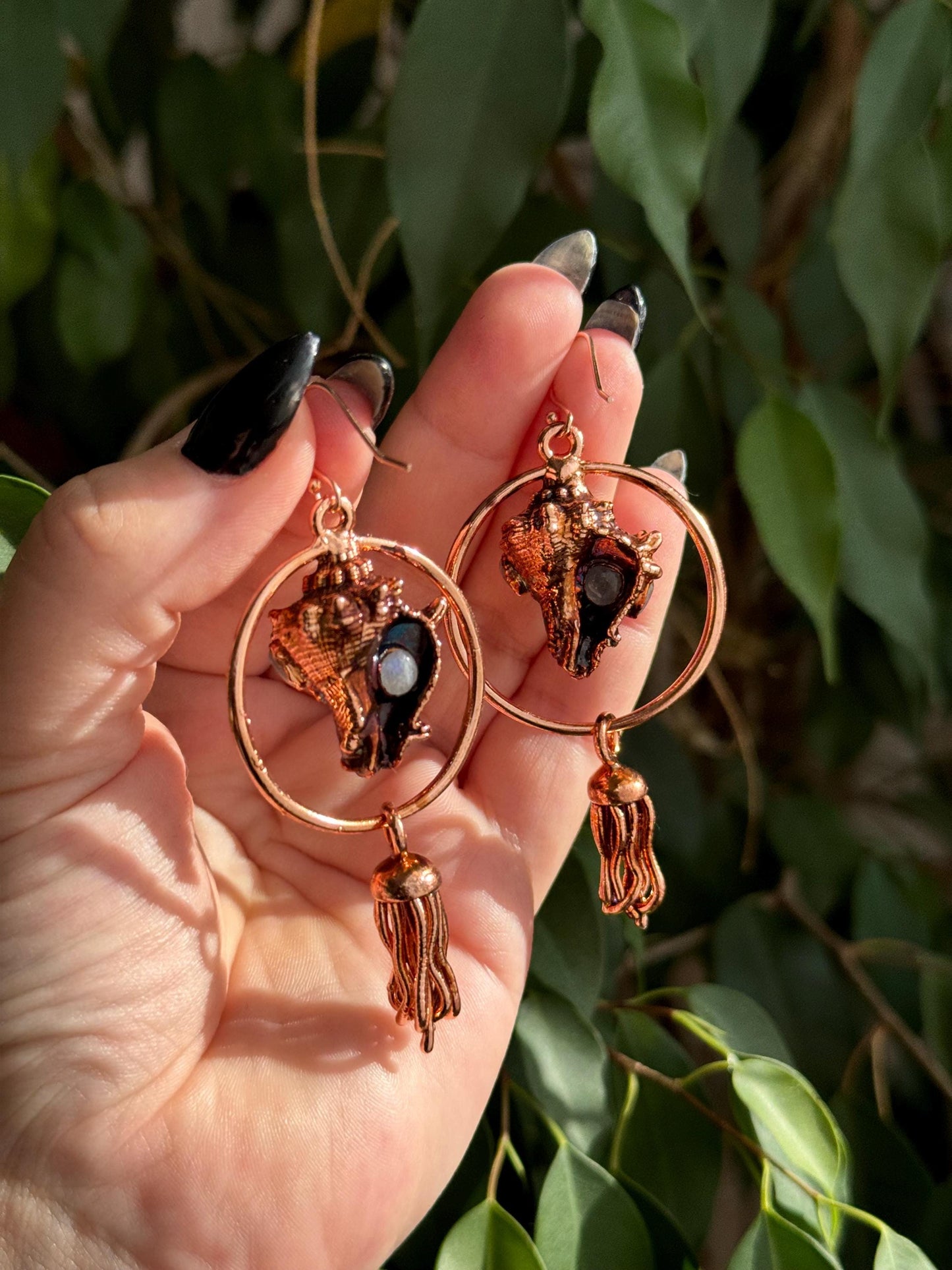 Mermaid earrings with real copper eformed seashells adorned win rainbow moonstones with colorful patina on rose gold plated silver hooks