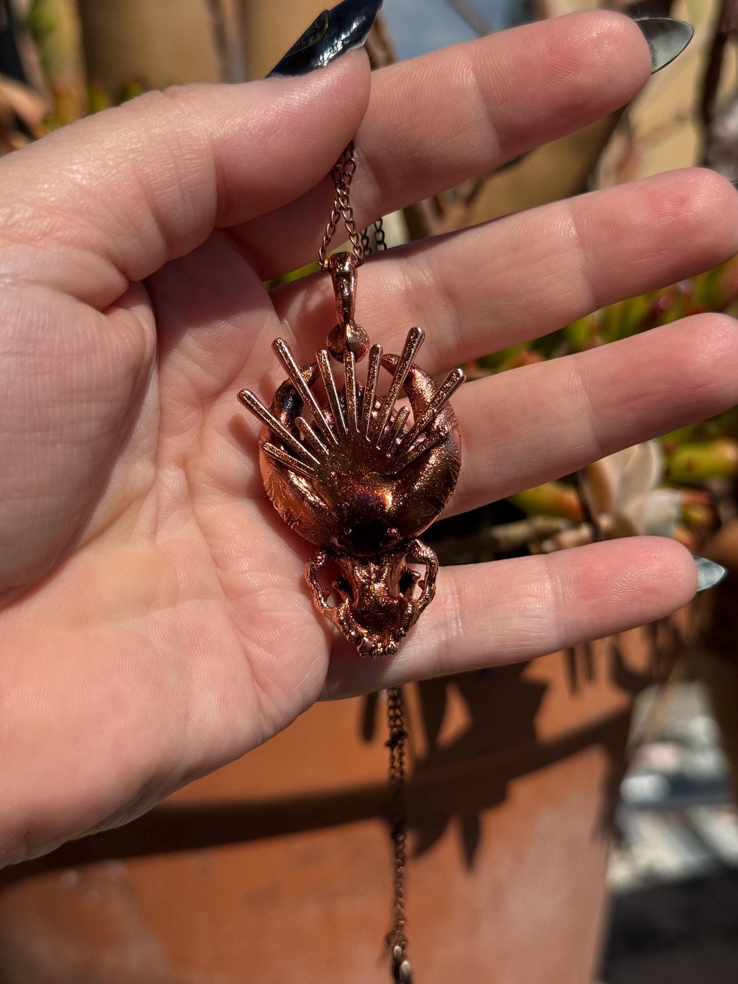 Copper eformed carved resin cat skull with Necronomicon symbols and rainbow moonstones on a satellite chain, witchy necklace