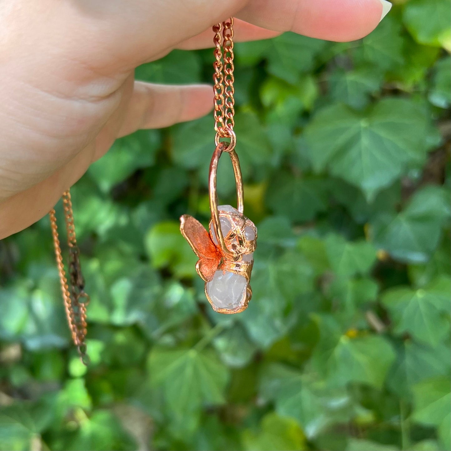 Carved quartz with cicada eformed wings, naughty fairy,  delicate necklace on a shiny medium chain