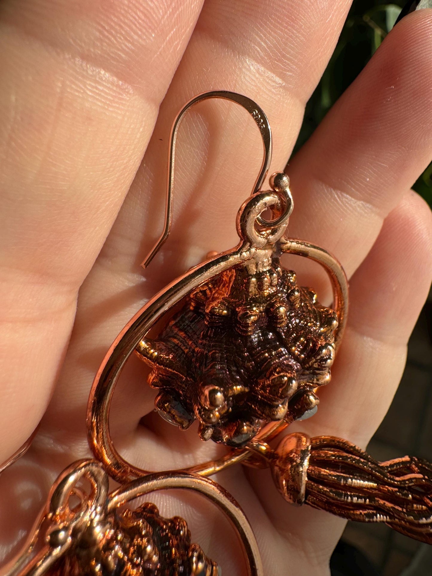 Mermaid earrings with real copper eformed seashells adorned win rainbow moonstones with colorful patina on rose gold plated silver hooks