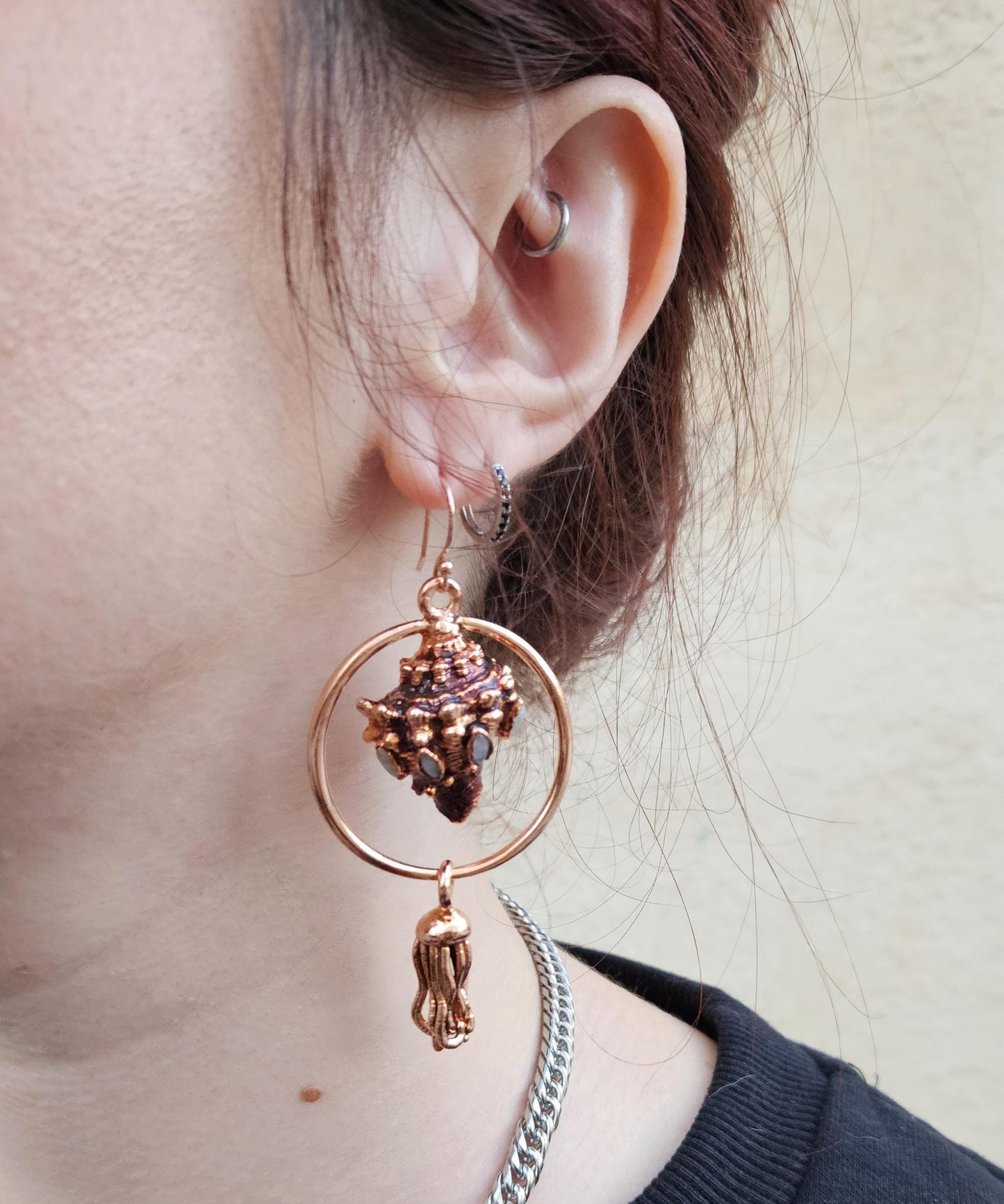 Mermaid earrings with real copper eformed seashells adorned win rainbow moonstones with colorful patina on rose gold plated silver hooks